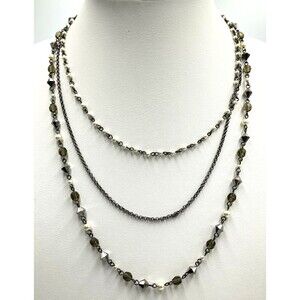 White House Black Market Gunmetal Necklace Faux Pearl Faceted Bead Layered Chain